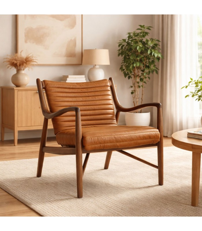 poltrona Elliah walnut cuero y madera