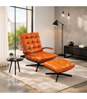 Set Swivel Cuero Caramelo con Poltrona Giratoria y Banqueta