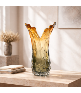 Florero Escultórico Volcán de Vidrio Soplado Ámbar/Gris