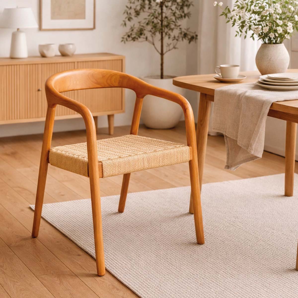 Silla Chloe Madera de Caucho Walnut y Cuerda Natural