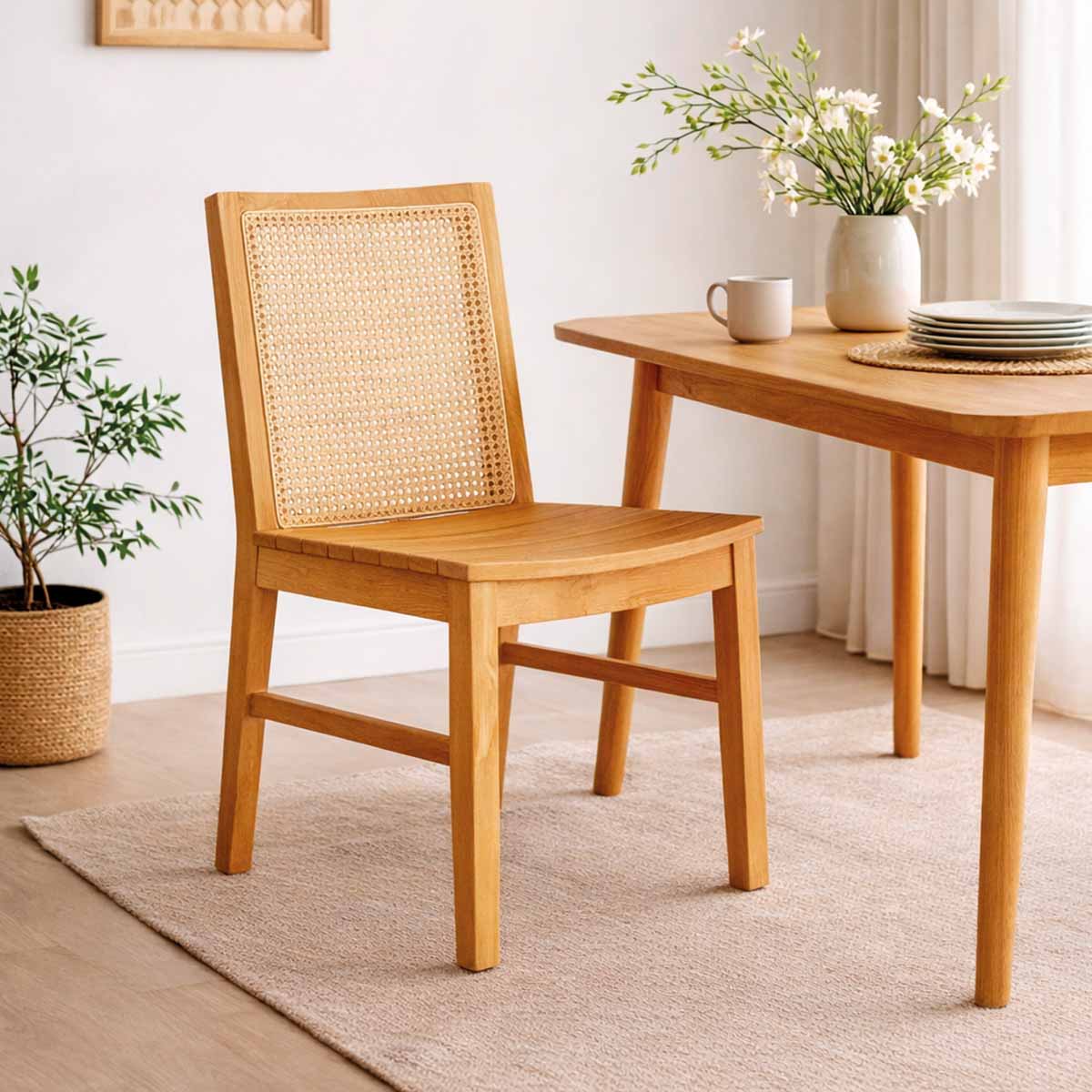 Silla New Naura sin Brazos Madera Fresno Natural y Respaldo de Ratán