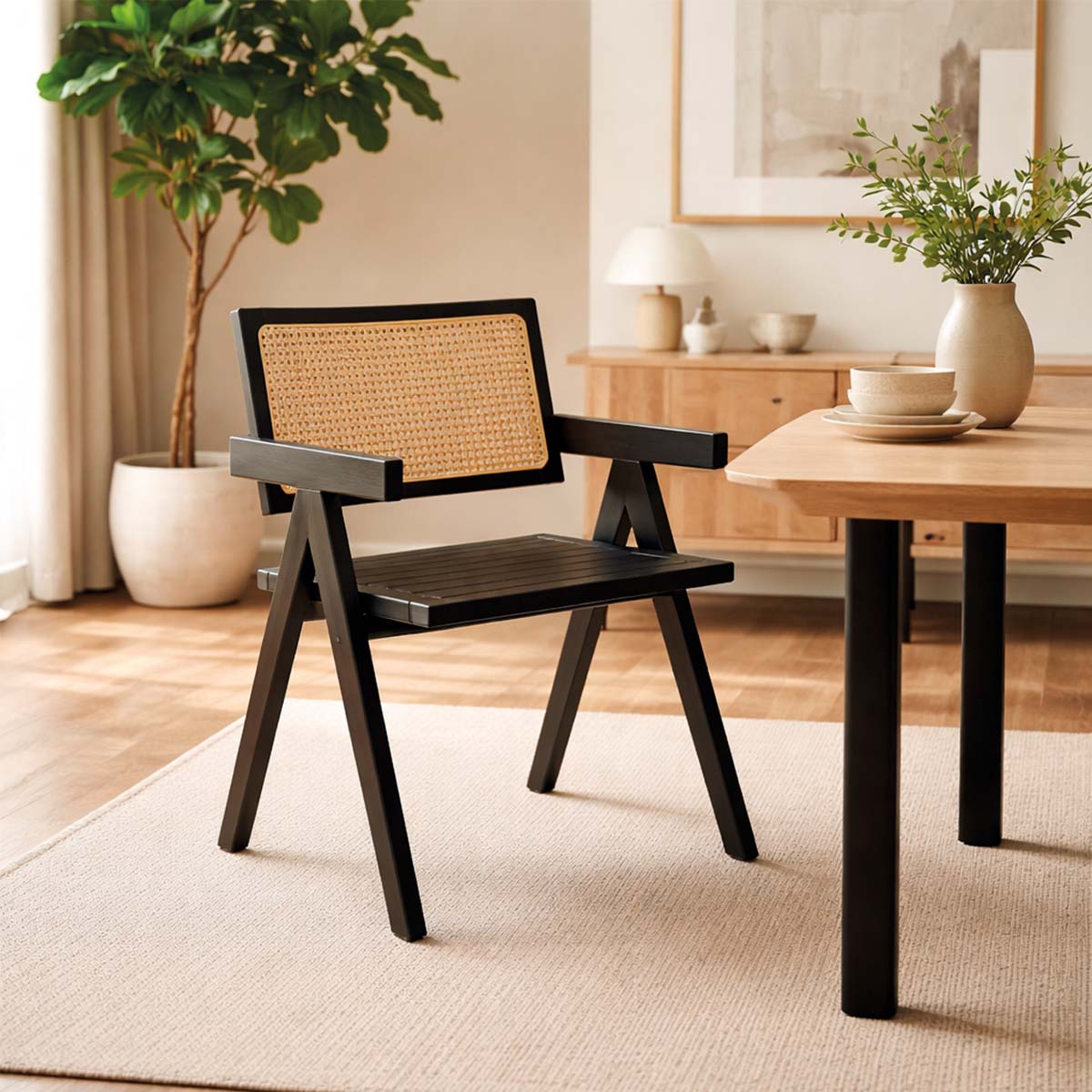 Silla Aurora Plus Madera Fresno Negra y Respaldo de Ratán Natural