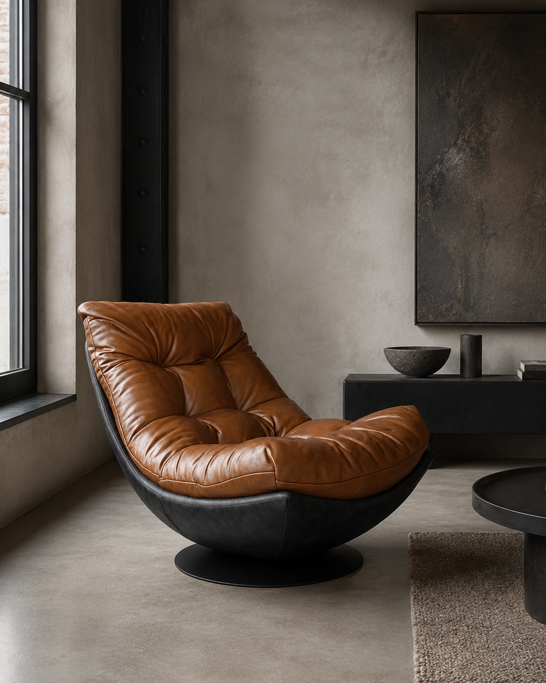 Poltrona Tahai · Eco-Cuero Cognac y Base Giratoria de Hierro