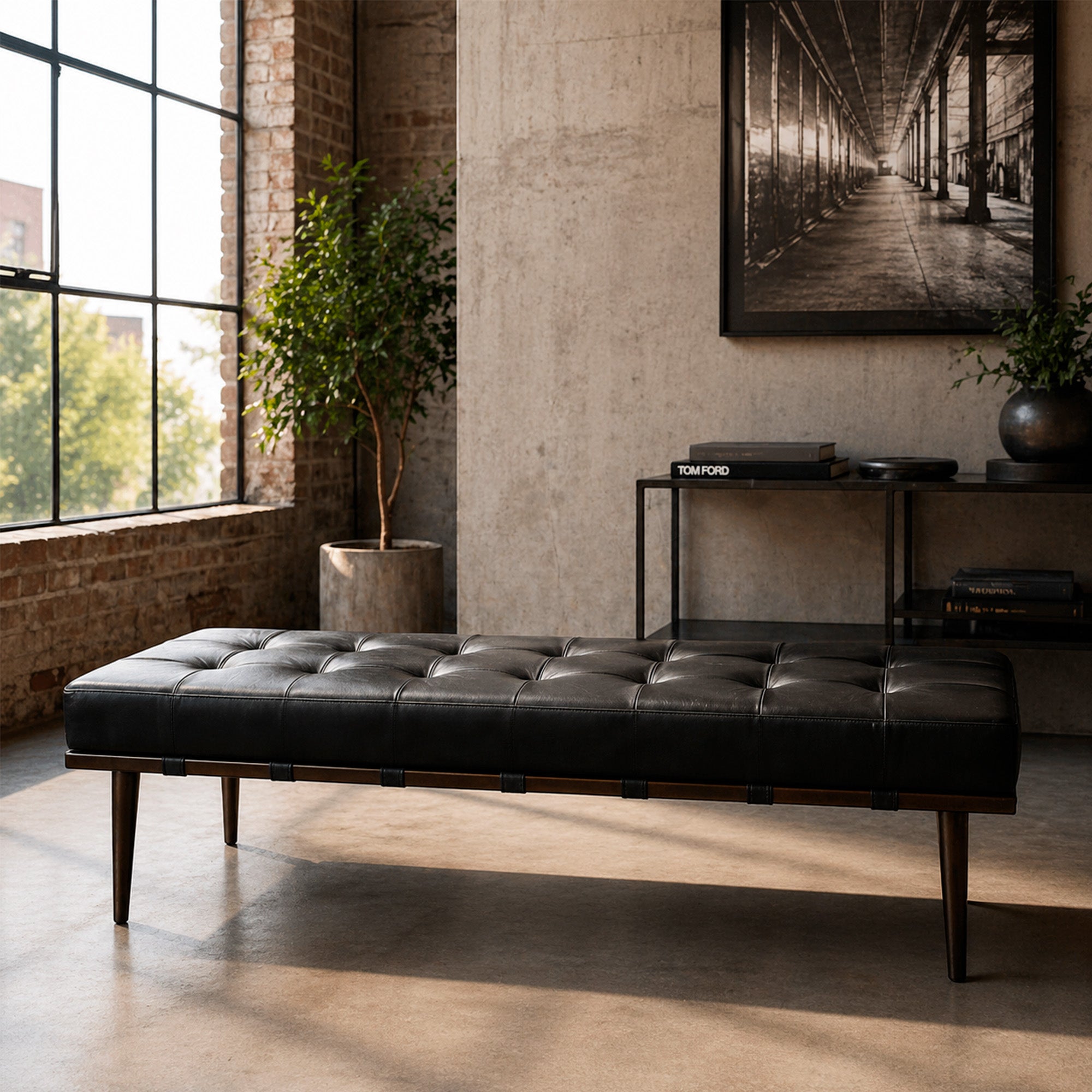 BANQUETA JACQUES CUERO NEGRO ANTIQUE 140X48X44
