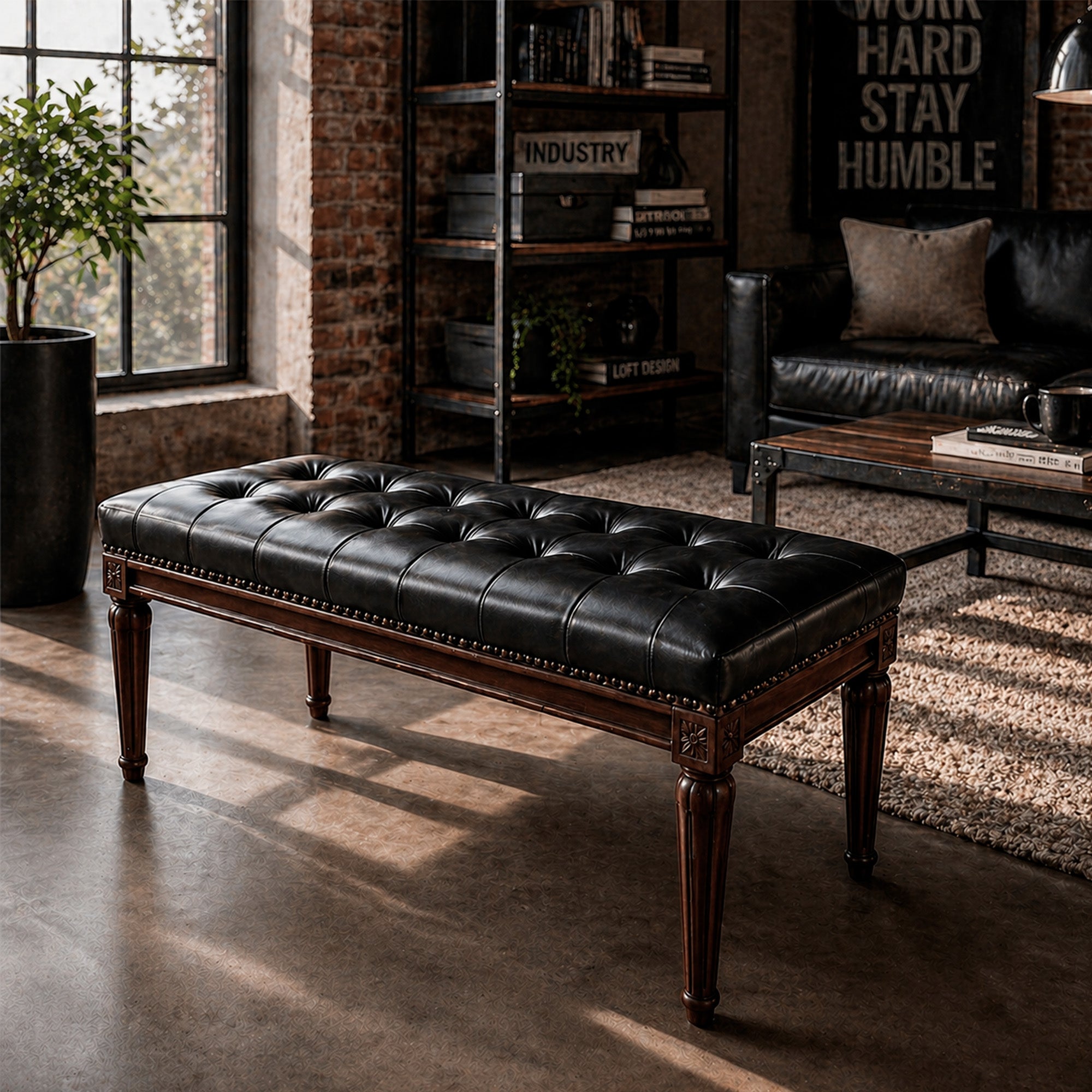 BANQUETA CAPITONE LYON CUERO 2C NEGRA 110X45X45
