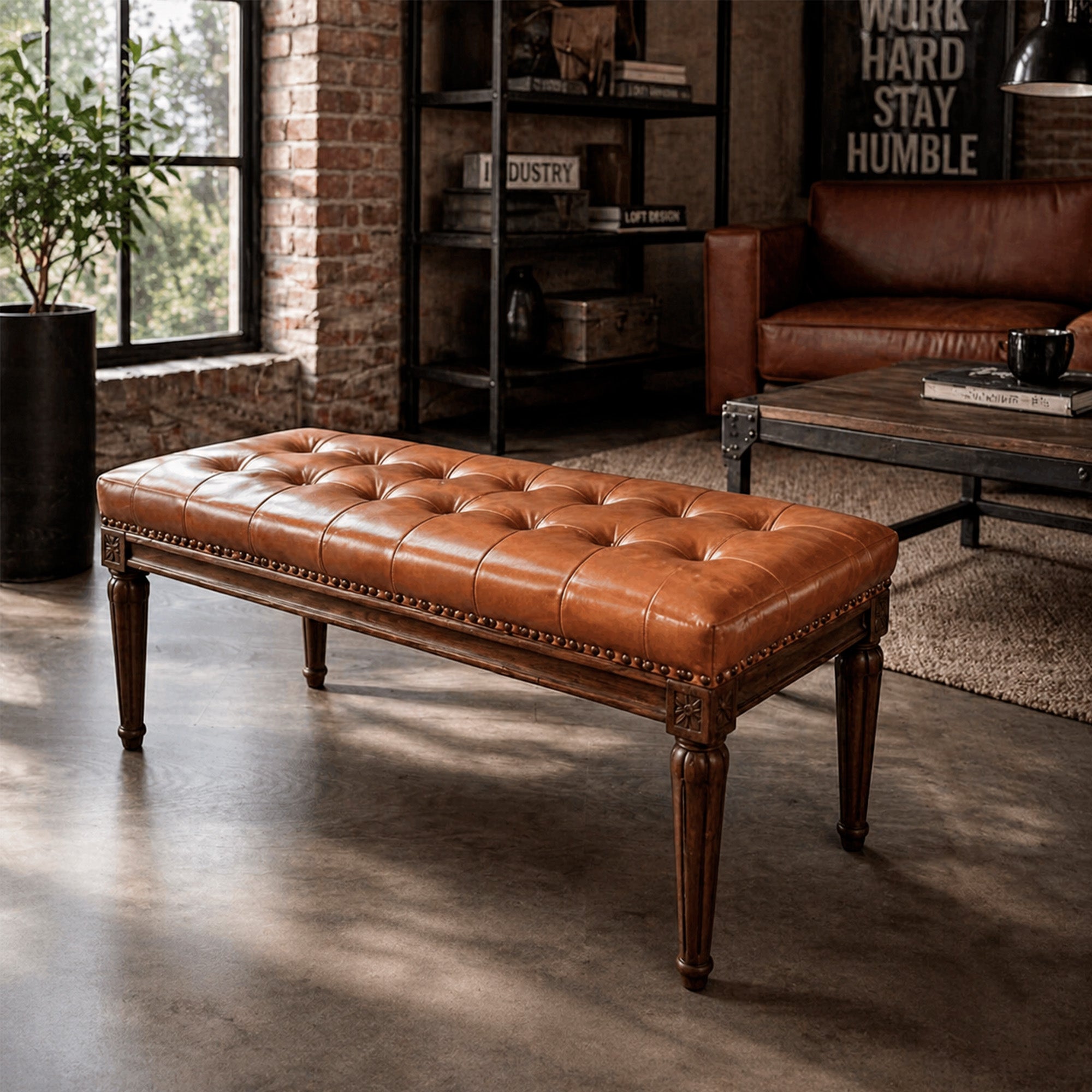 BANQUETA CAPITONE LYON CUERO 2C CARAMELO 110X45X45