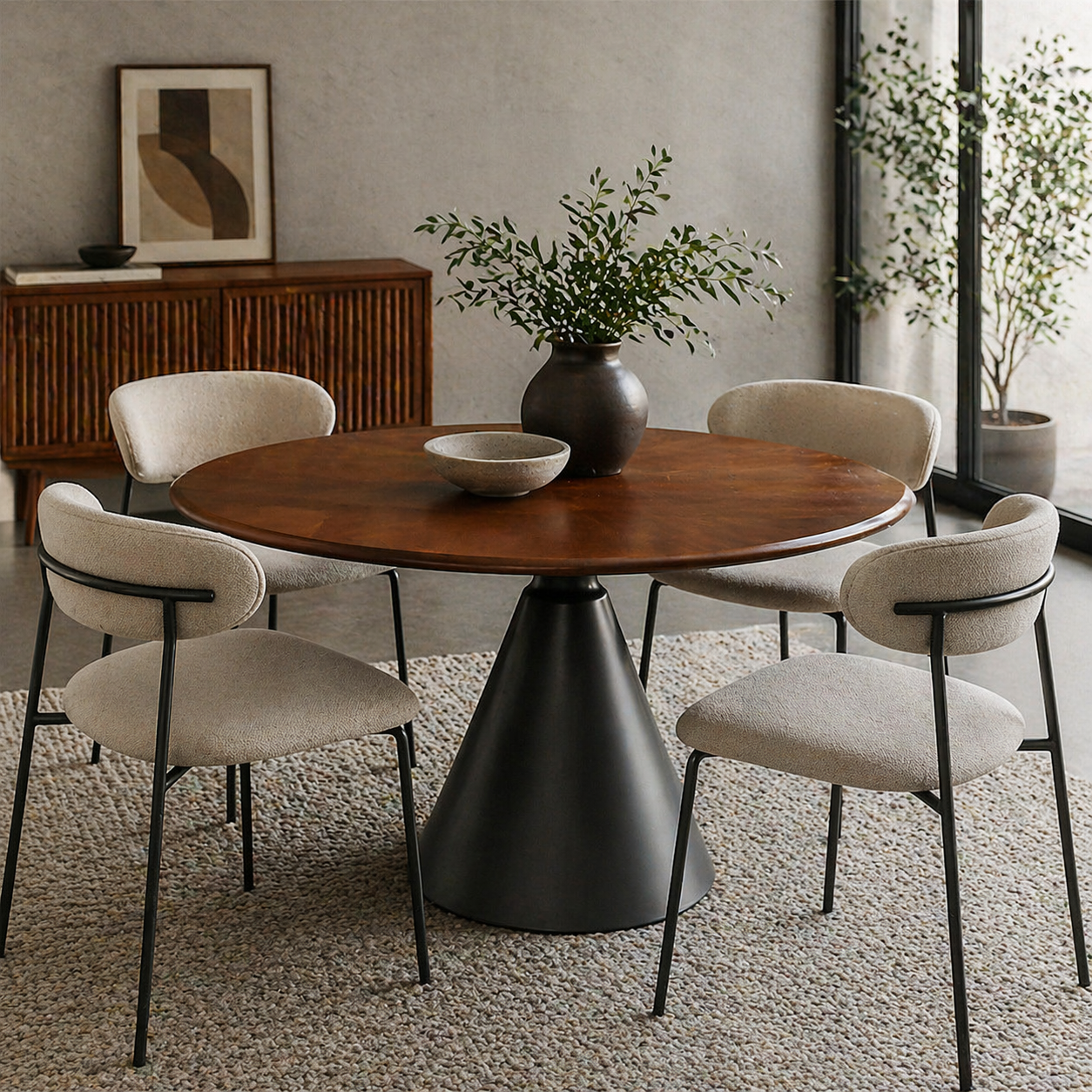 Mesa de Comedor Adeline Redonda Madera de Caucho Beige Negro 150 cm