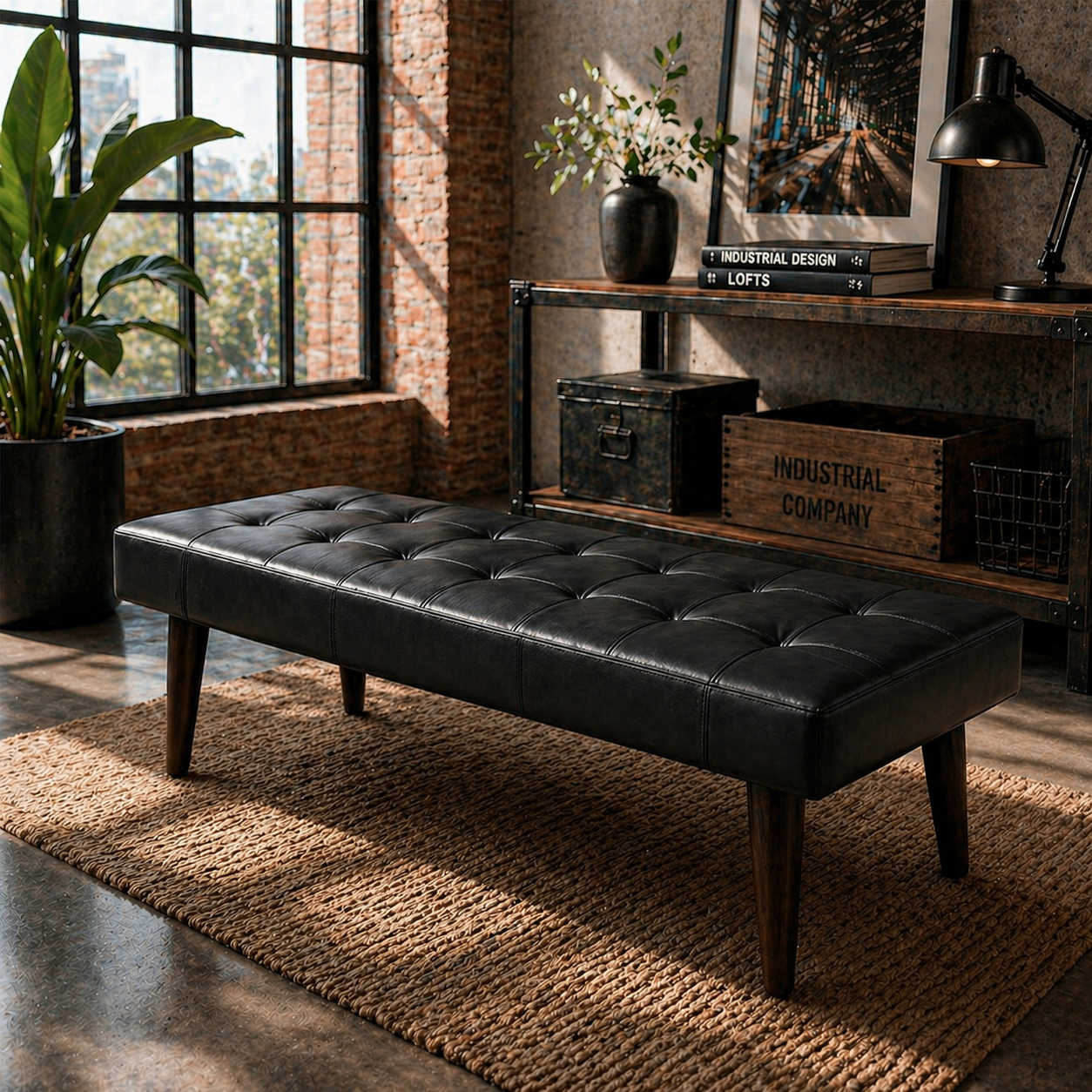 BANQUETA DE CUERO OTTOMAN  NEGRA , PATAS DE MADERA 120X44X44