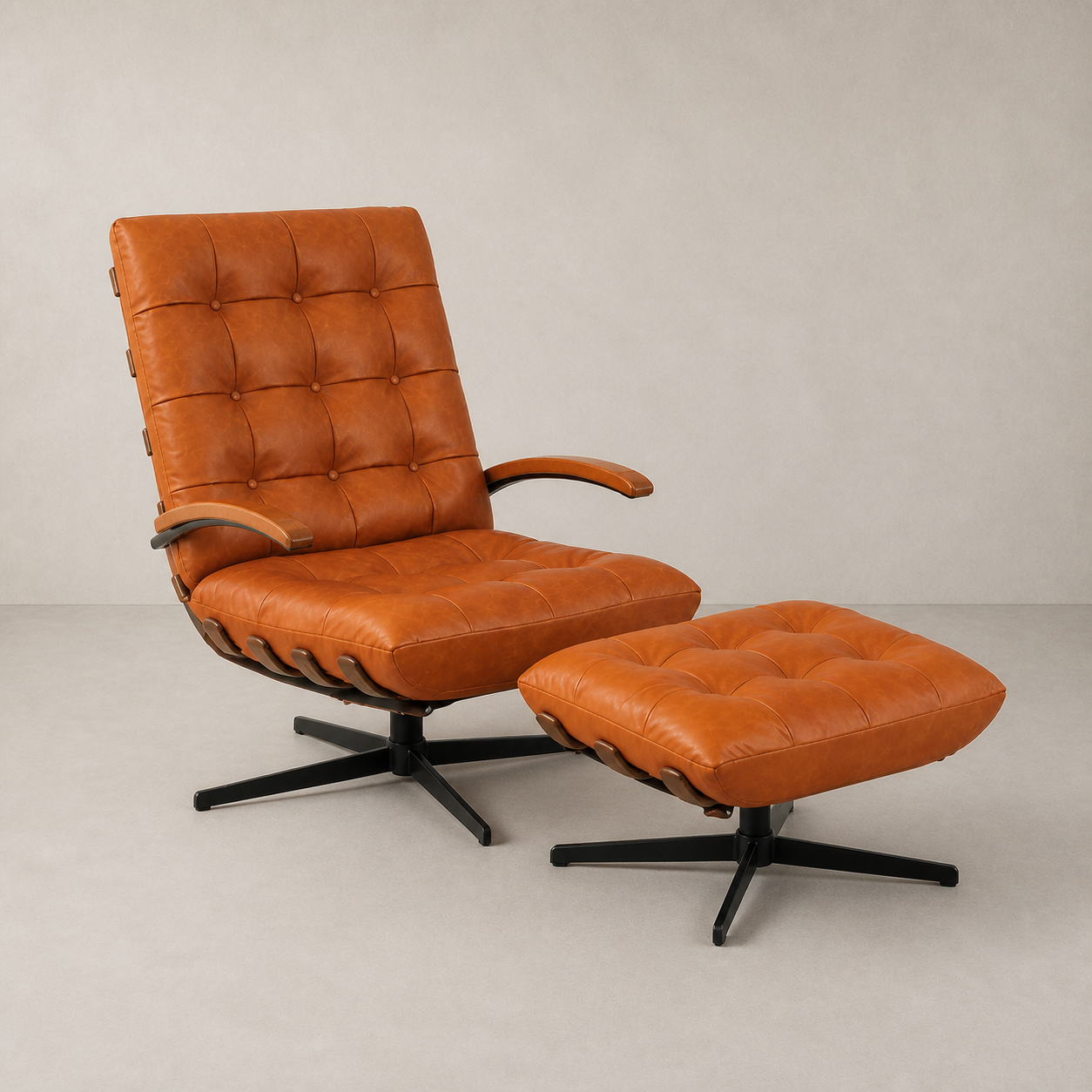 Poltrona Giratoria Swivel y Banqueta Cuero Top Grain Caramelo (Llegada en Agosto)