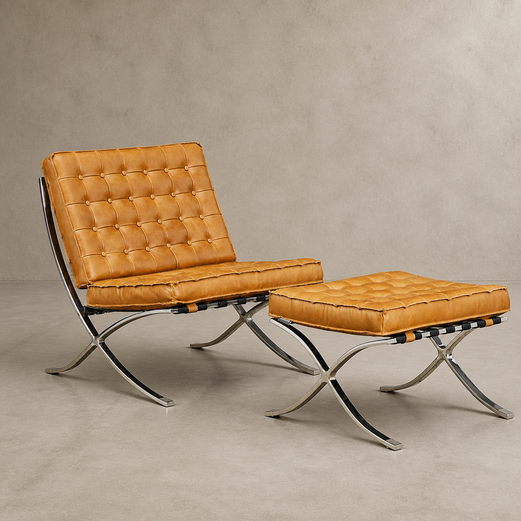 Sillón Vogue con Apoya Pies Cuero Cognac y Acero Espejo