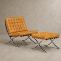 Sillón Vogue con Apoya Pies Cuero Cognac y Acero Espejo