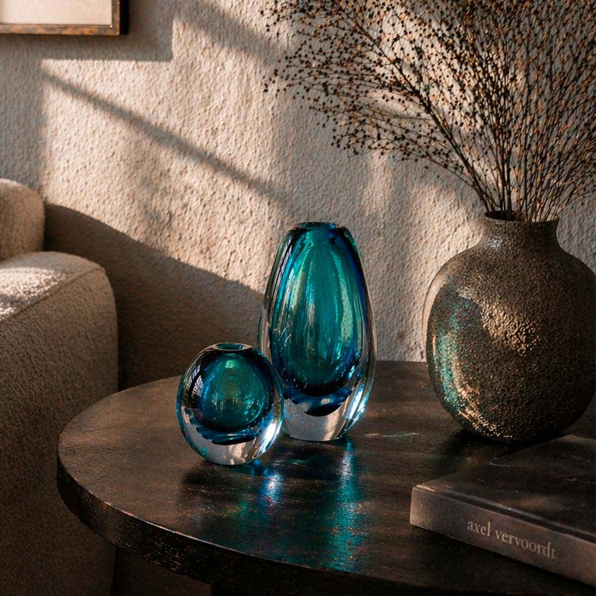 Florero de Vidrio Soplado Azul Yasur Decorativo Moderno