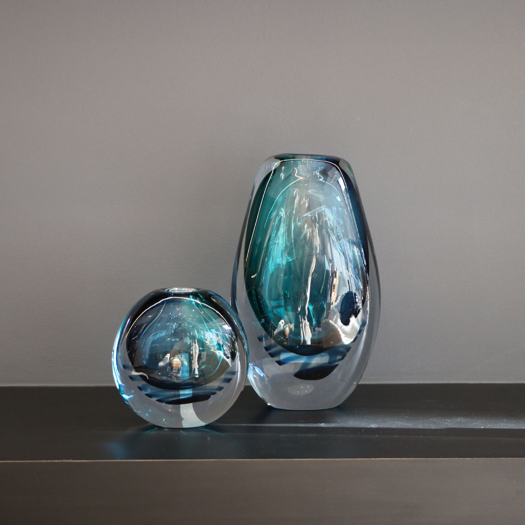 Florero de Vidrio Soplado Azul Yasur Decorativo Moderno