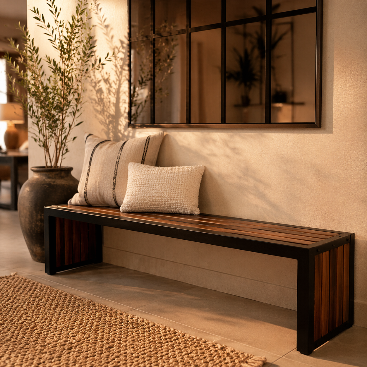Banca de Madera Natural y Metal 180 cm
