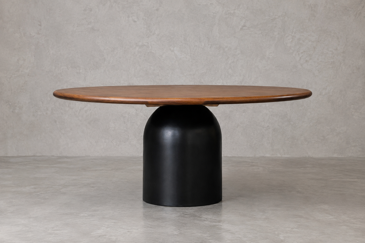 Mesa Comedor Valentín Redonda Walnut y Base Negra