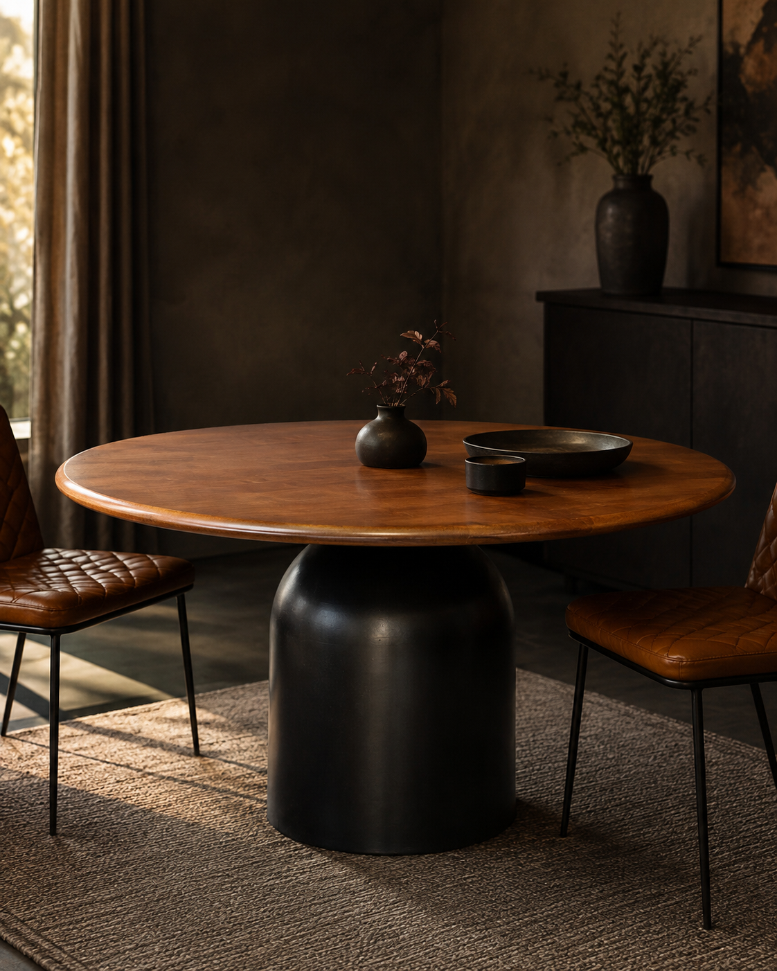 Mesa Comedor Valentín Redonda Walnut y Base Negra