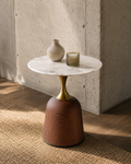 Mesa de Centro Loaiza · Marmolina Blanca y Base Walnut Redonda