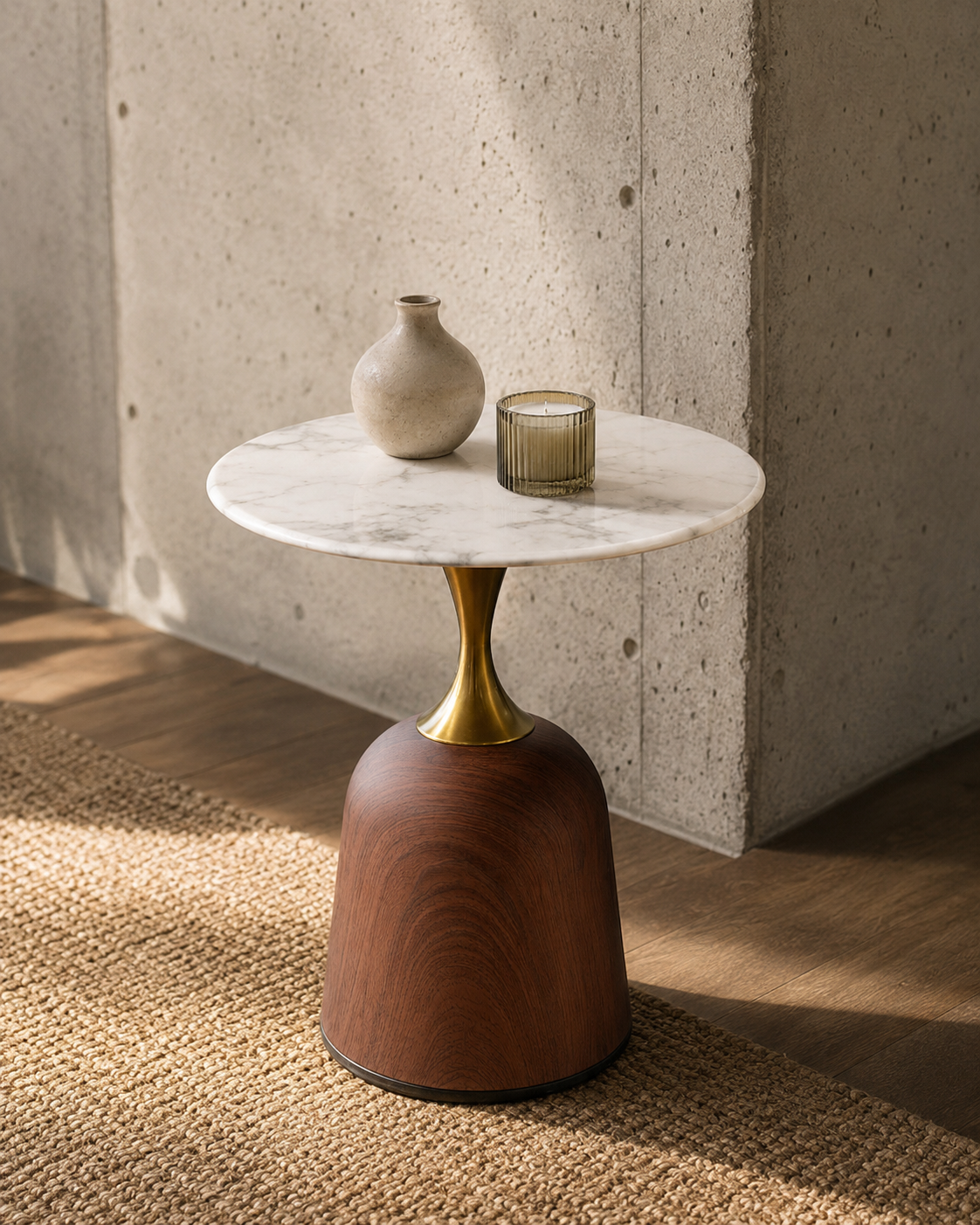 Mesa de Centro Loaiza · Marmolina Blanca y Base Walnut Redonda