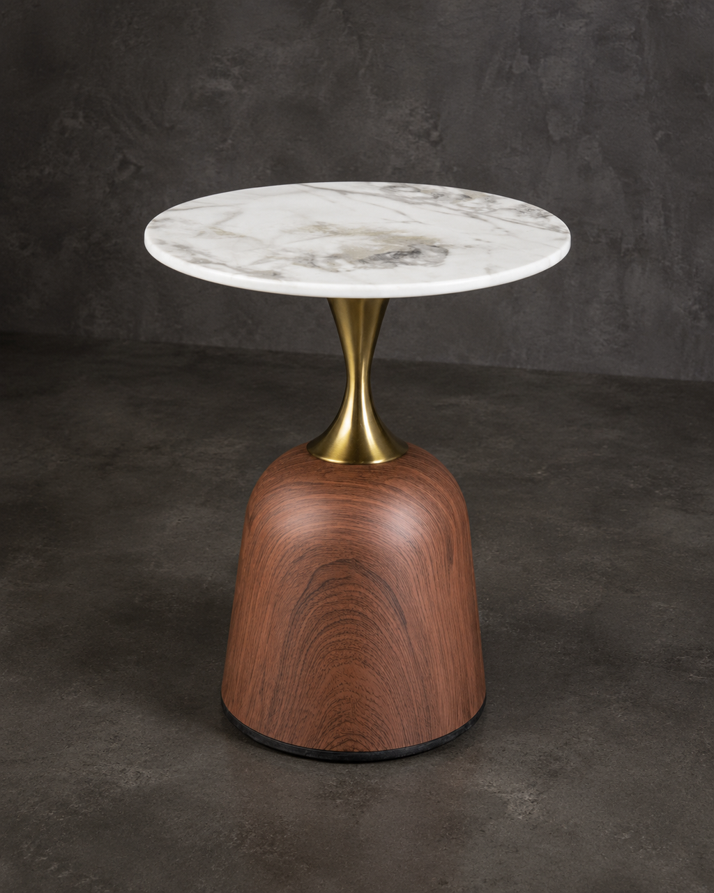 Mesa de Centro Loaiza · Marmolina Blanca y Base Walnut Redonda