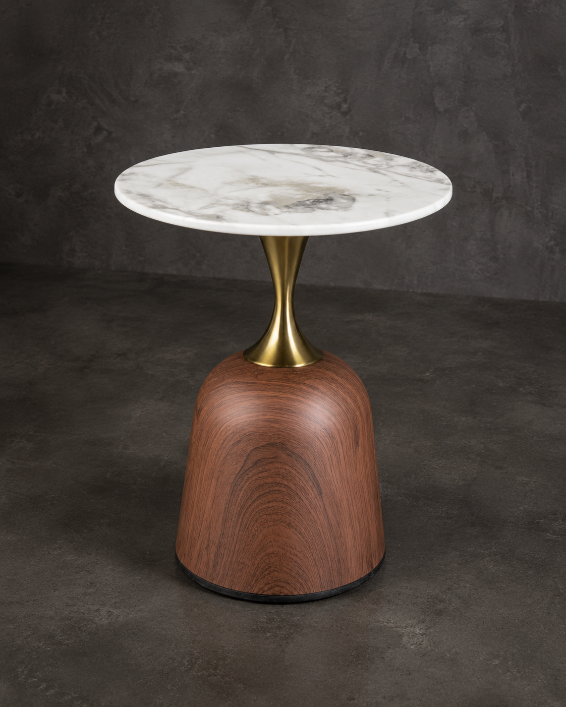 Mesa de Centro Loaiza · Marmolina Blanca y Base Walnut Redonda