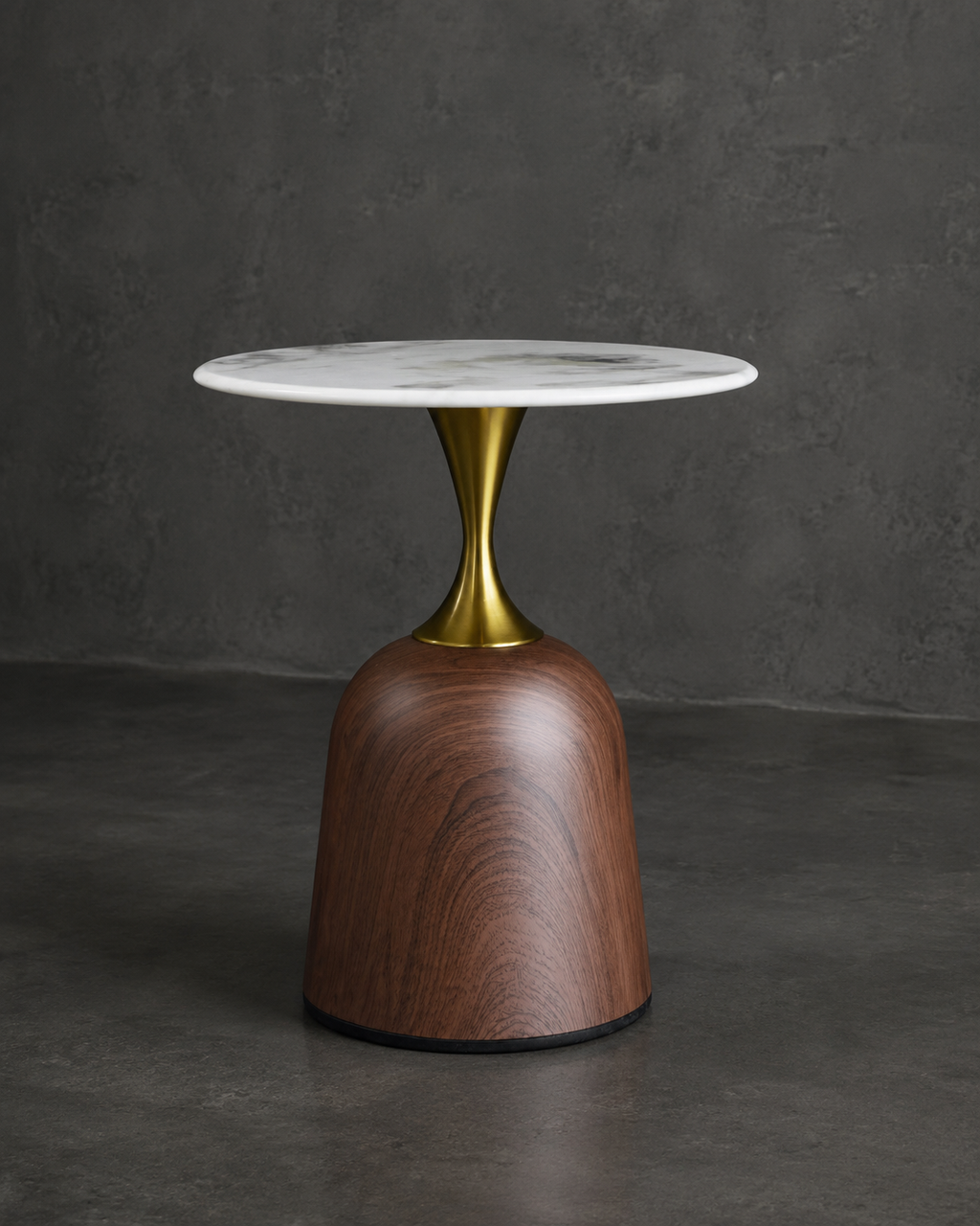 Mesa de Centro Loaiza · Marmolina Blanca y Base Walnut Redonda