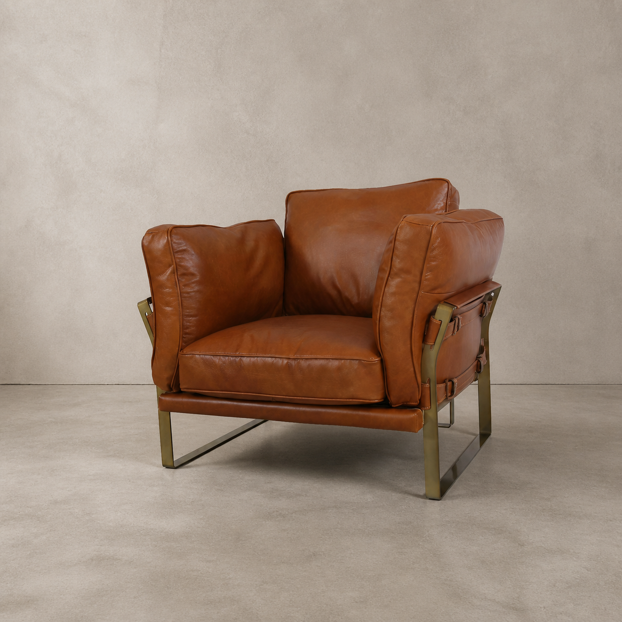 Sillón Briston 1 cuerpo en cuero caramelo con acero brush gold