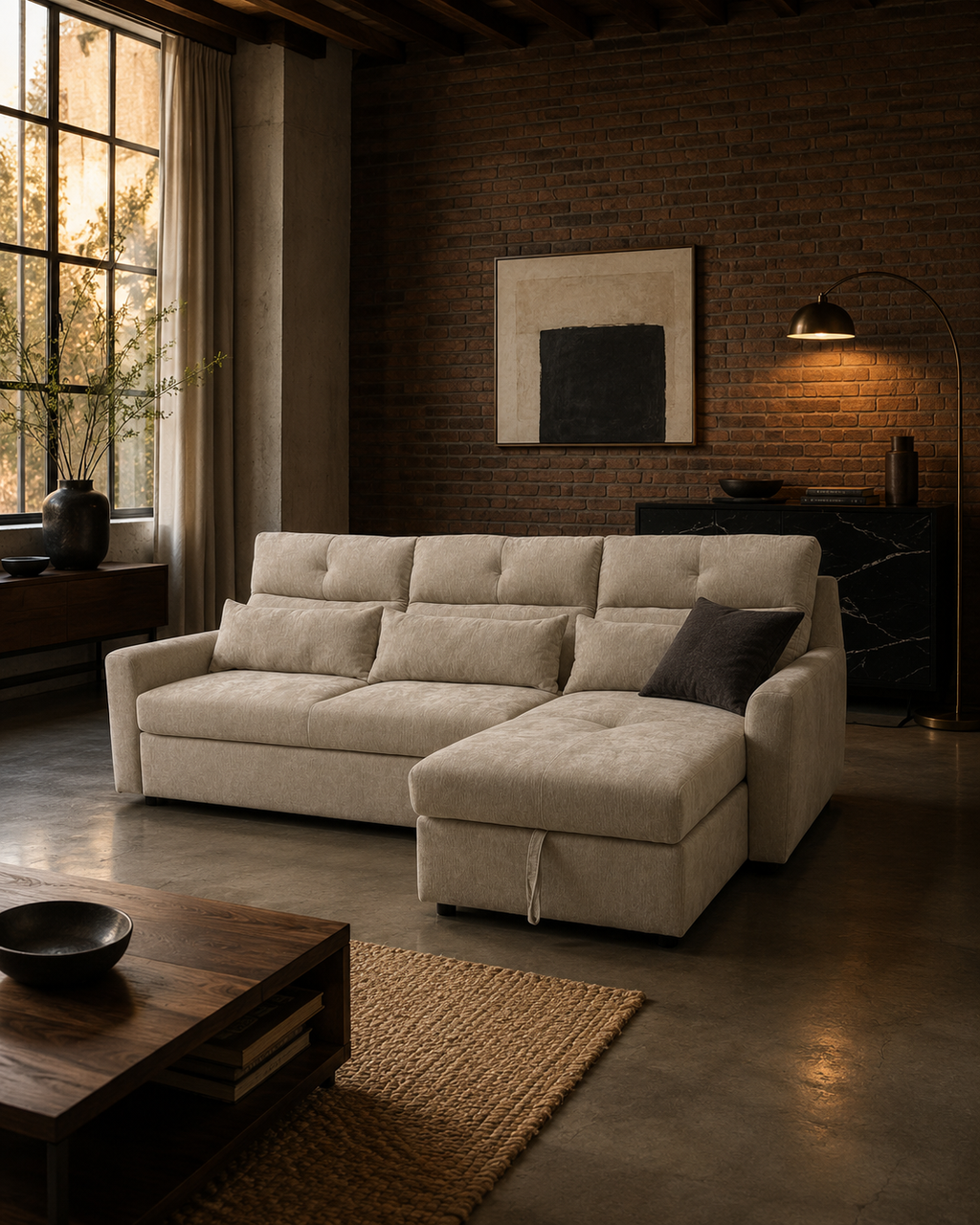 Sofá Cama Seccional Londres Chaise Baúl Tono Beige (Llegada en Agosto)