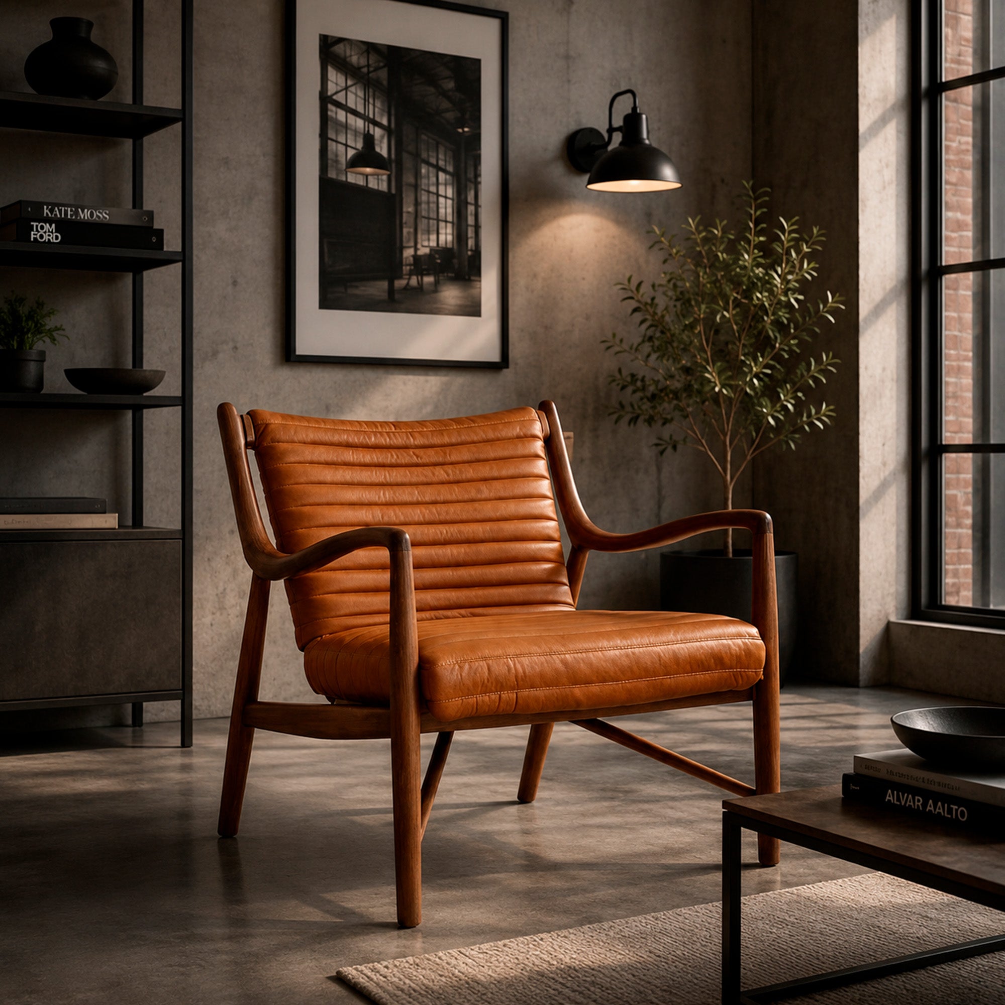 Poltrona Elliah Madera de Fresno Cuero Top Grain Cognac