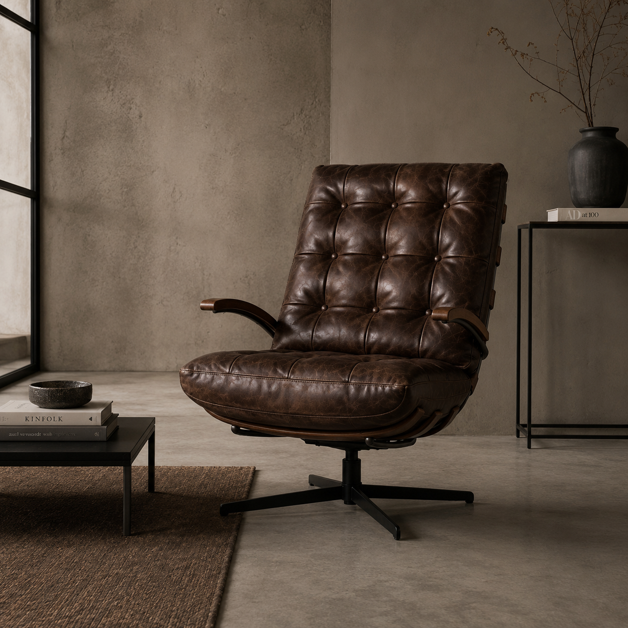 Poltrona Giratoria Swivel Cuero Full Top Grain Tabaco Oscuro