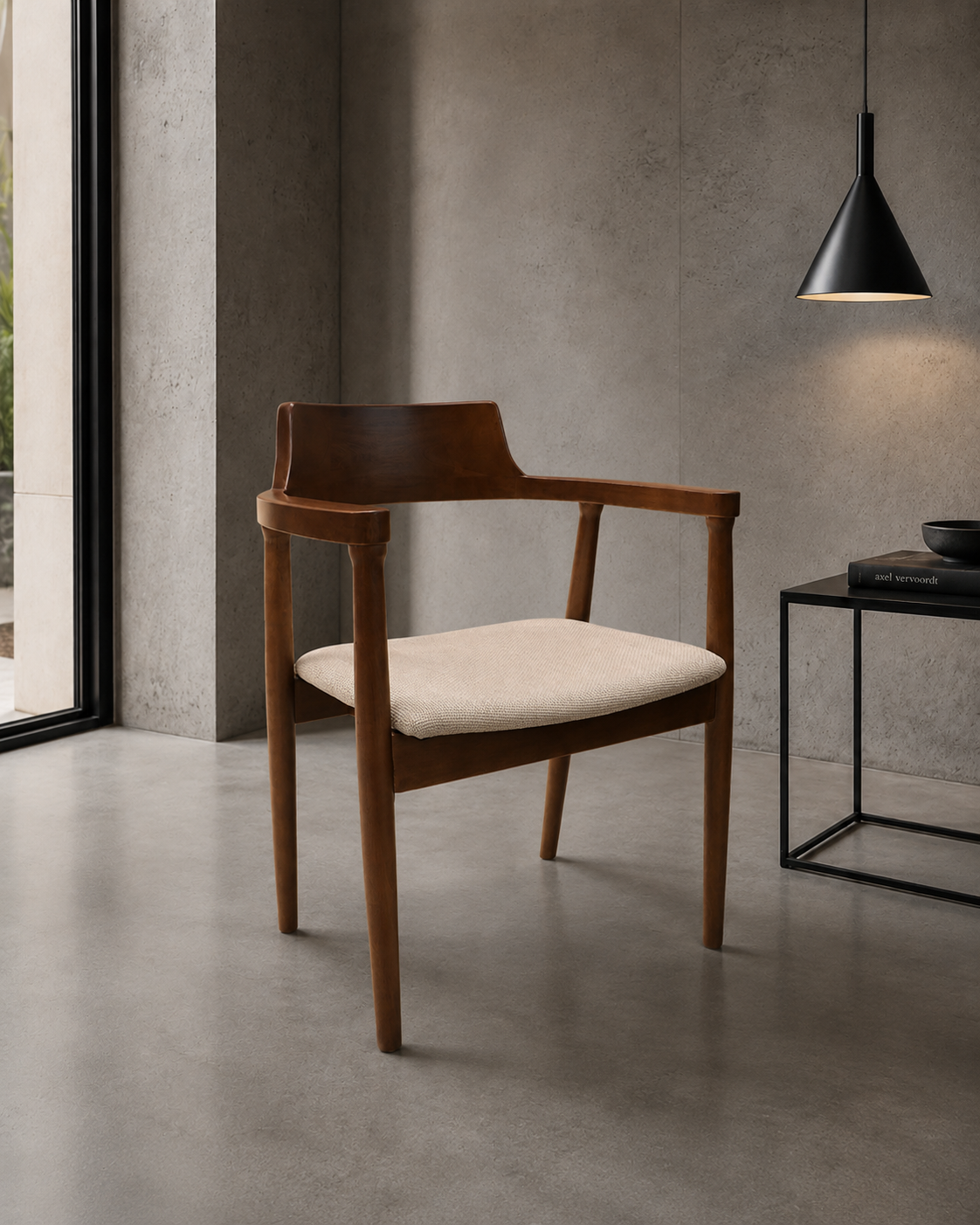 Silla Charm – Tela Lino Beige y Madera de Caucho Walnut