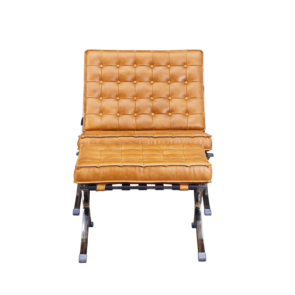 Sillón Vogue con Apoya Pies Cuero Cognac y Acero Espejo
