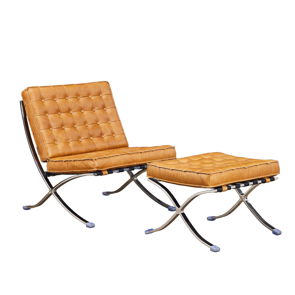 Sillón Vogue con Apoya Pies Cuero Cognac y Acero Espejo - vista 2