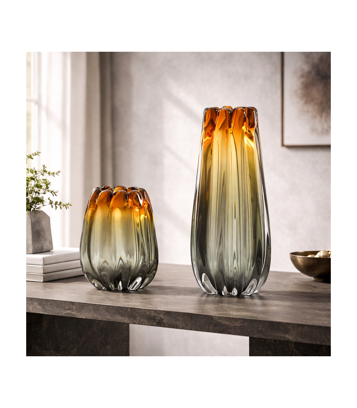 Florero Erupción de Vidrio Soplado Ámbar y Gris – Tamaño M