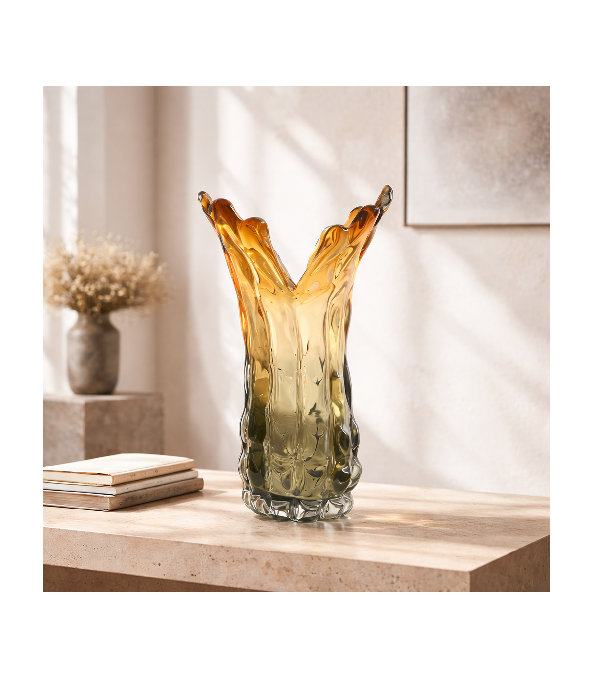 Florero Escultórico Volcán de Vidrio Soplado Ámbar/Gris