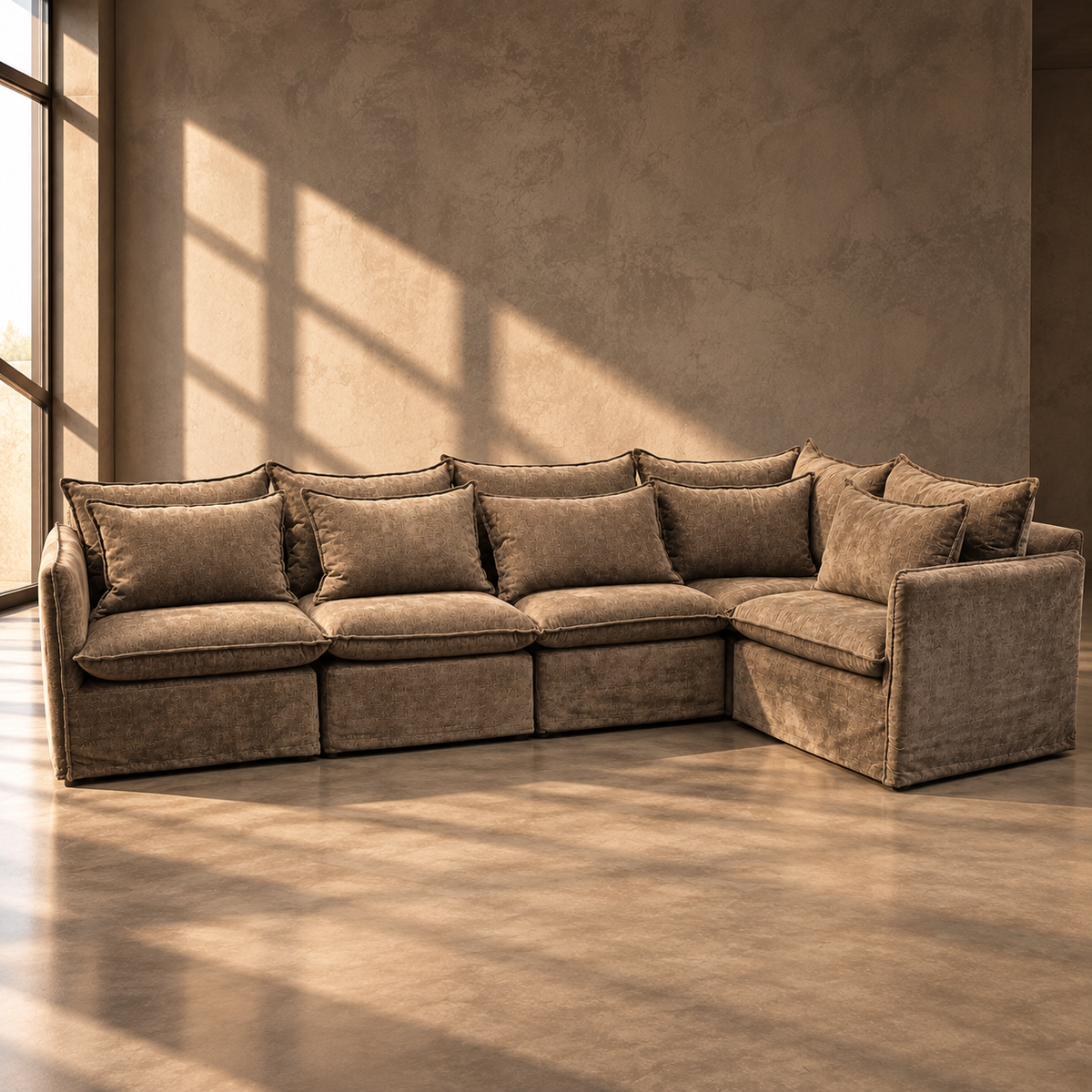 Sofá modular Giorgia taupe completo, vista a 45 grados
