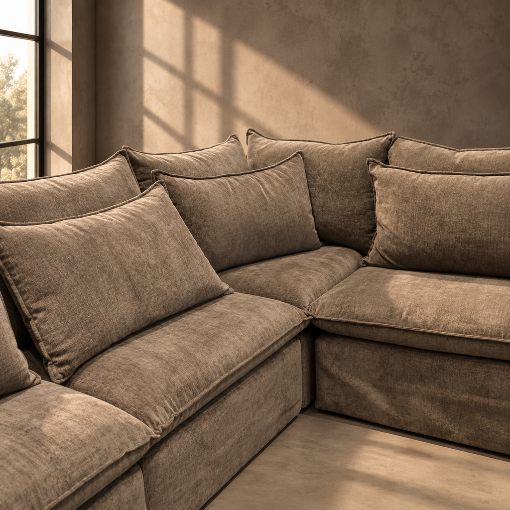 Vista cercana del sofá modular Giorgia taupe