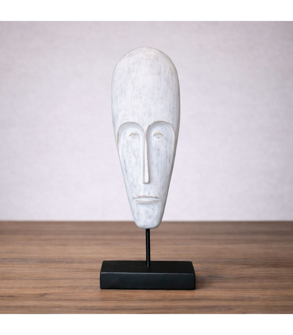 MÁSCARA DECORATIVA POLINESIA LARGA BLANCA CON BASE