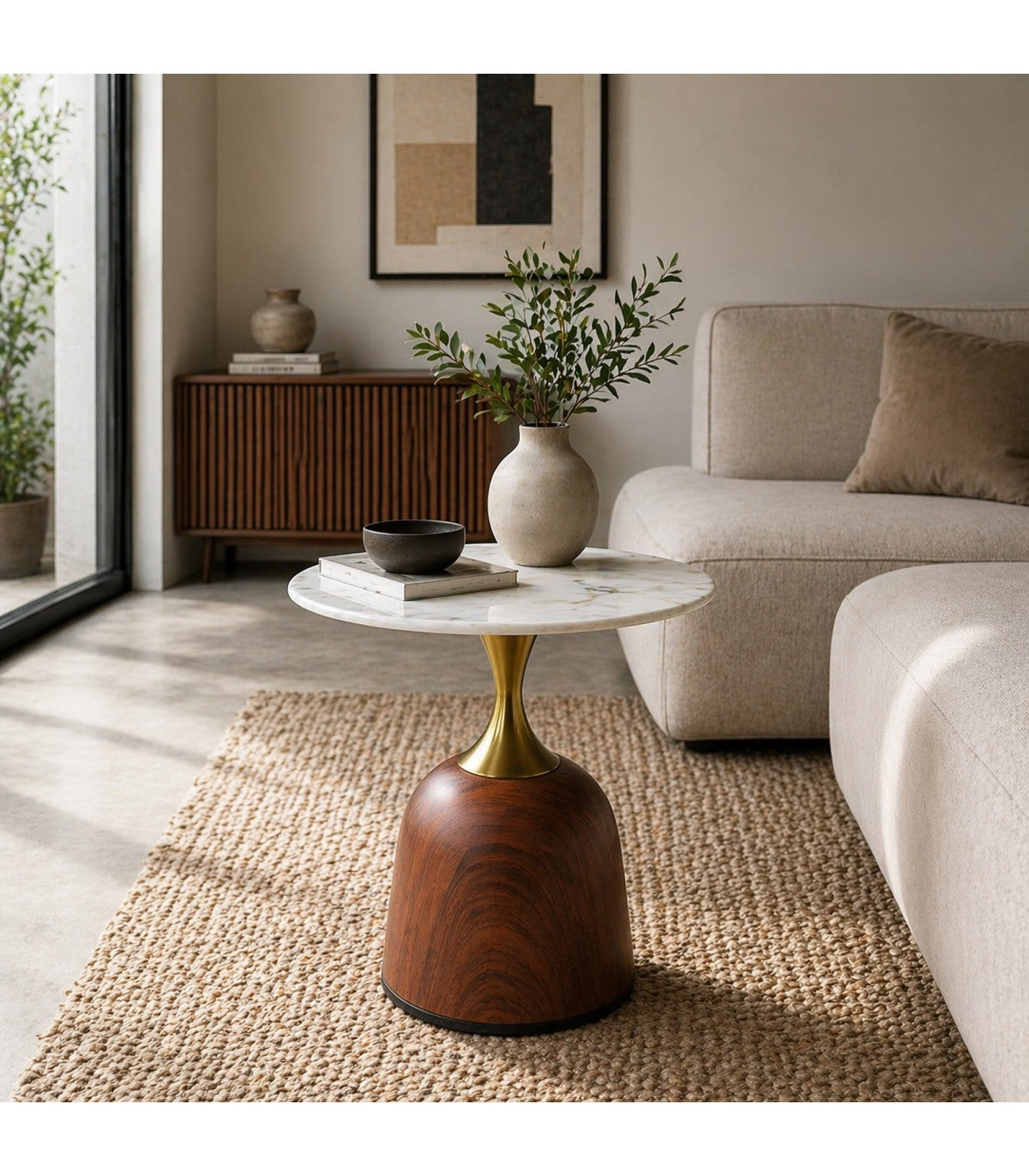 Mesa de Centro Loaiza Marmolina Blanca y Base Walnut