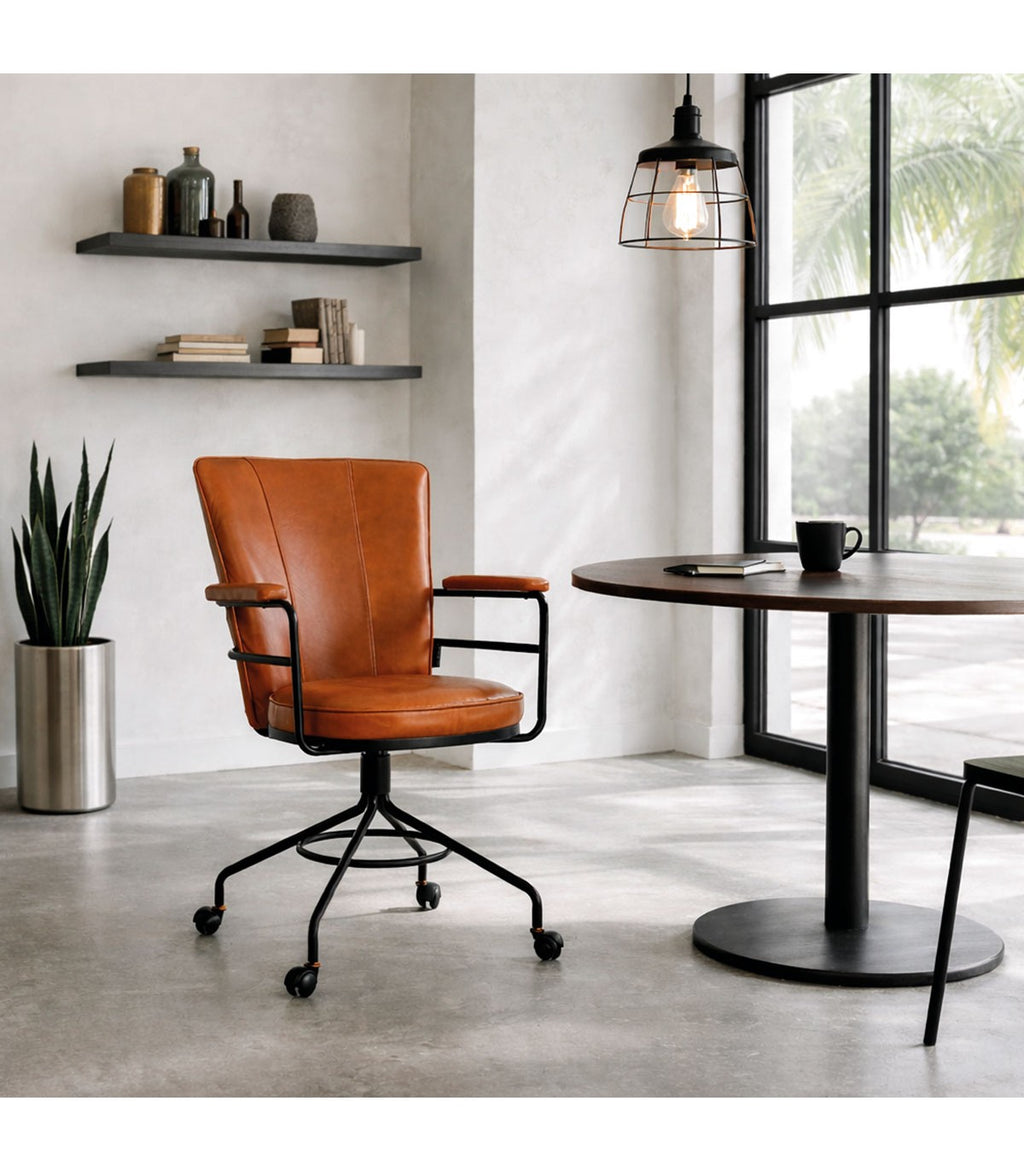 Silla Rudlof Giratoria Cuero Caramelo y Metal Negro