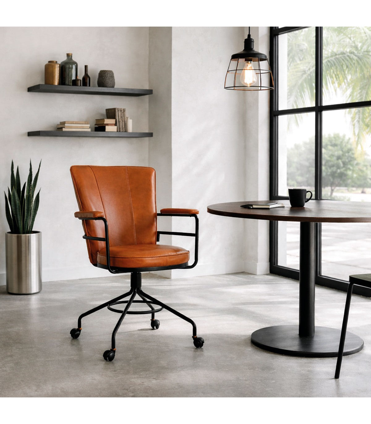 Silla Rudlof Giratoria Cuero Caramelo y Metal Negro