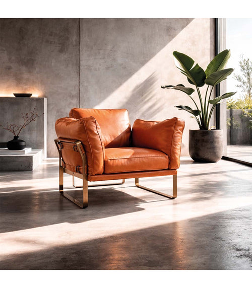 Sillón Briston en cuero caramelo, vista de catálogo